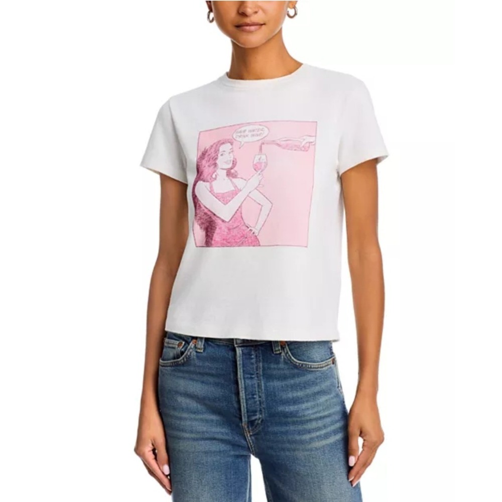 RE/DONE Save Water Drink Wine Graphic Tee Ivory Pink Comic Print Women's Small